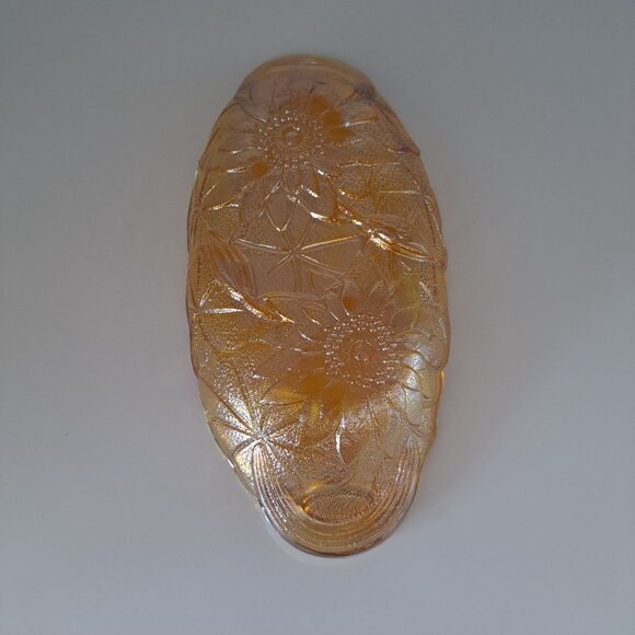 Indiana Marigold Carnival Glass Sunflower Celery Candy Dish Two Handles Vintage - Picture 9 of 11